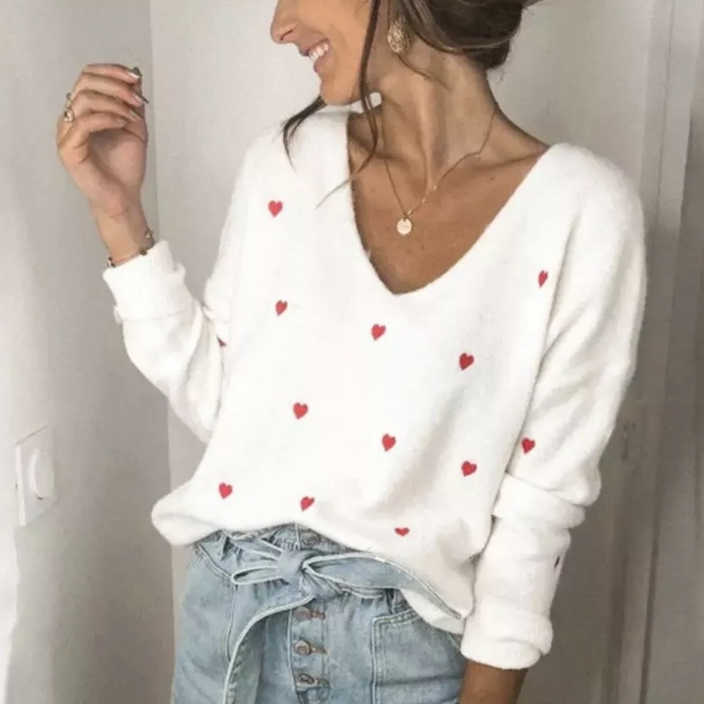 Heart sweater embroidery top womens white long sleeve vneck winter - Picture 4 of 6